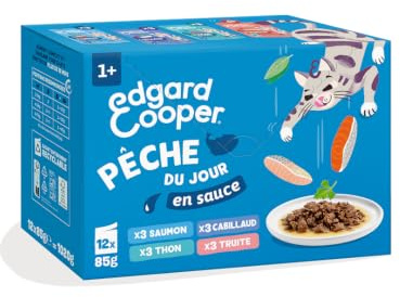 Edgard & Cooper Sachets de nourriture humide Pêche du jour en sauce pour chats adultes (12x85g), avec vrai poisson et ingrédients naturels, avec Saumon, Thon, Cabillaud et Truite, aux chats stérilisés