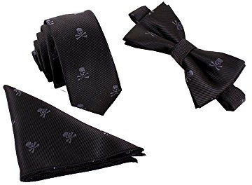 WANYING Hombre Pajarita Corbata Pañuelo de Bolsillo 3 en 1 Set - Pajarita Clásica 6 * 12 cm & Corbata Estrecha 6 cm & Pañuelo Print Negro Calavera