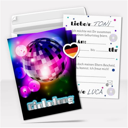 Einladungskarten Kindergeburtstag Disko Tanzen Party - 8 Karten mit Umschlägen – Made in Germany – Kinder Geburtstag Einladung zum Ausfüllen (vorausgefüllt) Disco Dance