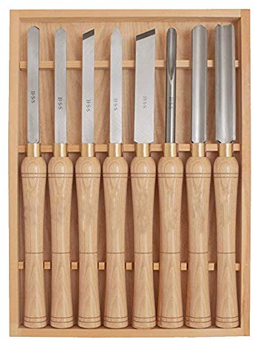 8-teiliges Drehmeißel-Set für Holzdrehen, Hartholzgriffe und Stahl mit Holzkofferlagerung