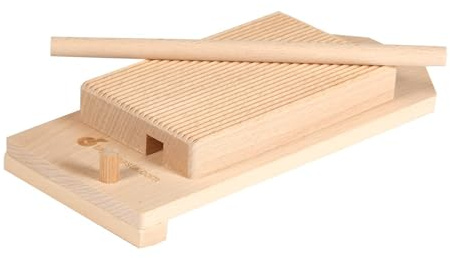 Rigagnocchi in Legno o Tagliere Riga garganelli e Gnocchi con Fermo e Piccolo Mattarello, Appendibile - 18x26 cm