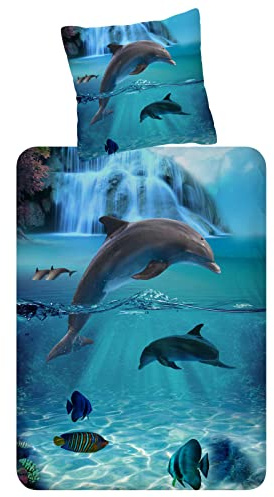 ESPiCO Bettwäsche Renforcé Delfin-Motiv mit Unterwasser-Welt und Wasserfall, 100% Baumwolle, Blau, 135 x 200 cm