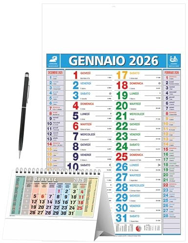Calendario 2026 da Parete – Modello Olandese da Muro 28,8×47 cm con Campo Note – + OMAGGIO Calendario da Tavolo e Penna Touch Slim (Multicolore)