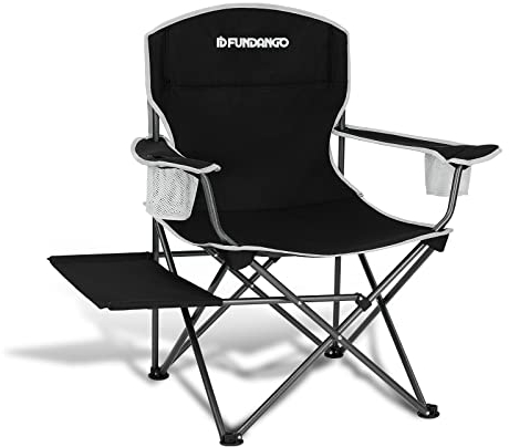 FUNDANGO Klappbarer gepolsterter Camping-Stuhl, tragbarer Outdoor-Liegestuhl mit vollständiger Rückenlehne, mit Seitentisch, Getränkehalter, Seitentasche für Garten, Camping, Picknick, BBQ, Konzert,
