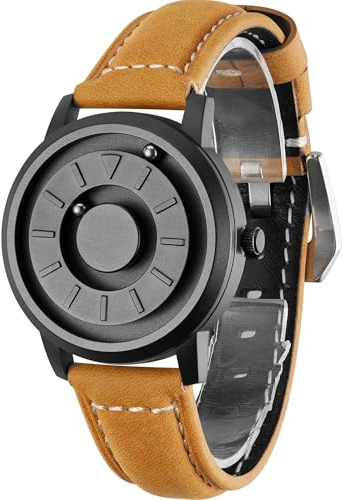 EUTOUR Montre Homme Magnétique Pas de Verre Roulement à Billes Quartz Montres Bracelet pour Homme avec Bracelet en Cuir Marron Clair
