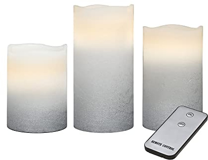 LED Kerzen 3er-Set mit Fernbedienung, LED Echtwachskerzen, inkl. Batterie, warmweiße, täuschend echt flackernde Kerzenflamme, Kerzen 10cm 13cm 15cm hoch, Durchmesser 8 cm, dekorativ, Silber-Weiß