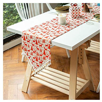 Lieson Tischläufer Dekostoff, Abwaschbar Tischläufer Baumwolle Wohnzimmer Tischläufer Weihnachten Weihnachtsbäume Hirsch Rot 33x100CM
