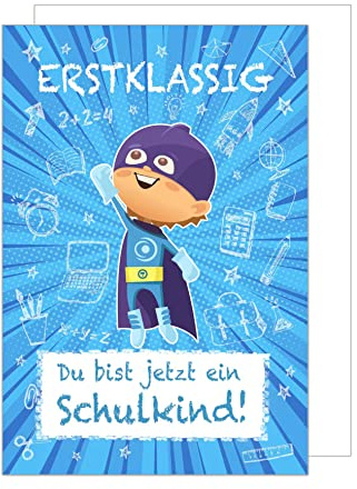 Edition Seidel Premium Glückwunschkarte zur Einschulung mit Umschlag. Einschulungskarte Grußkarte Karte zum Schulanfang Schuleinführung Schulstart Junge 1. Klasse Comic (ES134 SW023)