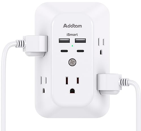 Addtam 5-Outlet Extender Surge Protector, Multi Plug Wall Outlet with 4 USB Wall Charger(2 USB C Ports), Outlet Splitter Power Strip for Home Office Dorm Room Essentials, Plug Extension Outlet 1800J