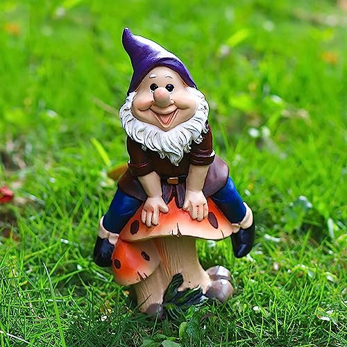 JYHCD Lustig Gartenzwerge Gartendeko Für Draußen,Gartenzwerg Sitzt Auf Einem Pilzen,Gartenzwerge Wetterfest, Garten Ornamente, Familie Hof Dekorationen,Gartenfiguren Für Außen,A