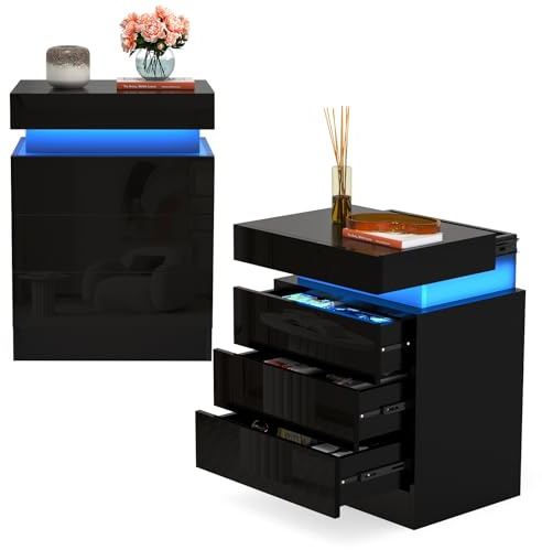 Lvhcmfohm Nachttisch Schwarz 2er Set, Nachtschrank mit Led Licht, Nachtkommode mit 3 Schubladen und Schränke mit Klappdeckel für Wohnzimmer, Schlafzimmer (45x35x61cm)