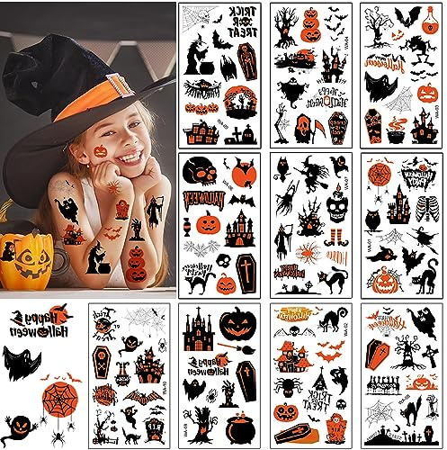 Halloween Tattoo Kinder, 10 Blatt Aufkleber, Spinnweben Totenkopf Kürbis Geister Hexen Temporäre Kindertattoos, Gesichts Schminke Sticker für Cosplay Karneval Party