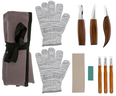Omninmo 10pcs Wood Carving Tools Set, Wood Whittling Kit Cave Knife Kit Trimming Knife Hook Knife Cutting with Resistant Glove and Canvas Bag for Woodworking