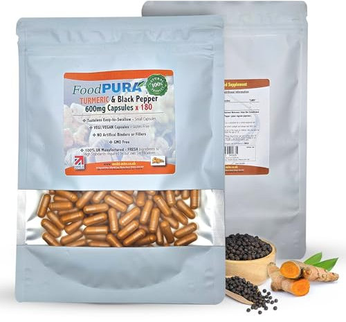 FoodPURA 180 X Turmeric with Black Pepper Capsules High Strength 600mg HACCP Certified, Manufactured in The UK by FoodPURA 1 Pack of 180 Capsules