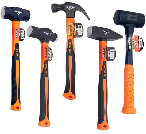 WEDO Hammer-Set, 5-teilig, Klauenhammer, Kugelhammer, Ingenieurhämmer, Vorschlaghammer, stoßfester Gummihammer, Fiberglas-Griff