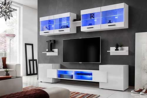 Komodee, Wohnwand Wohnzimmerset RTV Foggia, Front in Weiß Hochglanz/Karkasse in Weiß Matt, Breite 230cm x Höhe 195cm x Tiefe 35cm, Ohne LEDs, für Wohnzimmer, Schlafzimmer