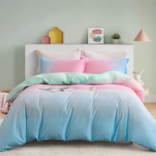 Guchuang Bedding Blue and Pink Bedding Set Single Size Ombre Rainbow Duvet Cover Soft Brushed Microfiber Quilt Cover for Kids Girls Teens Adults with 1 Pillowcases Zipper Closure 135x200cm