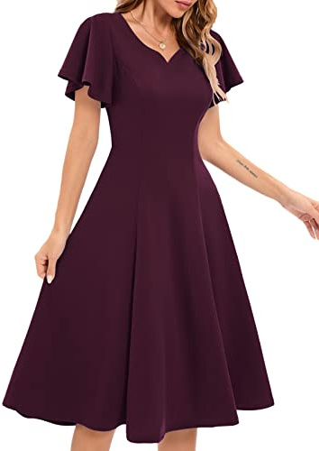HomRain Women's Cocktail Party Evening Dress for Wedding Guest Semi Formal Fit and Flare Elegant Dress for Graduation Casual Modest Prom Midi Dresses with Sleeves, Burgundy 3XL