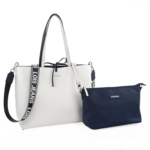 Lois - Bolso Shopper Mujer Espacioso y Elegante Bolso Hombro Mujer Casual Moderno. Shopper para Oficina Diario y Viajes Ideal, Marino-Blanco
