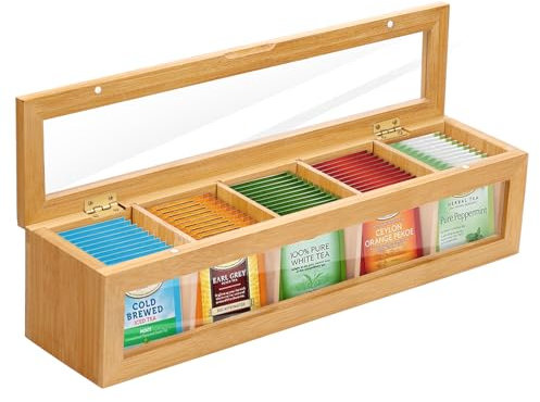 DEXLALA Organizador de bolsas de té de madera, caja de té de bambú con 5 compartimentos, ventana acrílica y tapa magnética, contenedor de almacenamiento de té dividido para encimera, soporte para