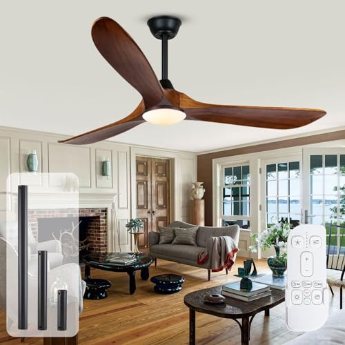 MSHENUED Ventilador de techo de madera de nogal de con lámpara, ventilador de techo rústico para interiores y exteriores, 3 aspas de hélice, ventilador de techo grande (132CM)