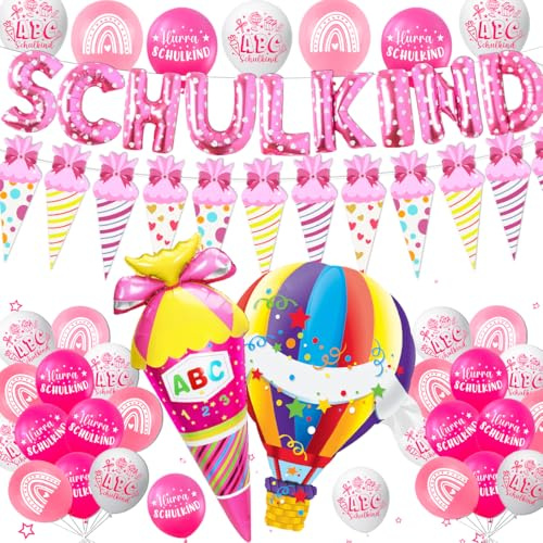 MQIAN Deko Einschulung Mädchen 2025, Schulkind Deko Mädchen mit Girlande, Zuckertüten Banner, 24 Luftballons, XXL Zuckertüten & Heißluftballon Folienballon
