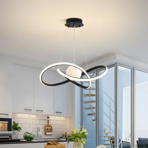 Deliouay Modern LED Ring Pendelleuchte Dimmbar Wohnzimmerlamp, Schwarz Hängeleuchte Modern Esstischlampe mit Fernbedienung Pendellampe für Küche Salon Esszimmer Büro Deckenleuchte (Schwarz)