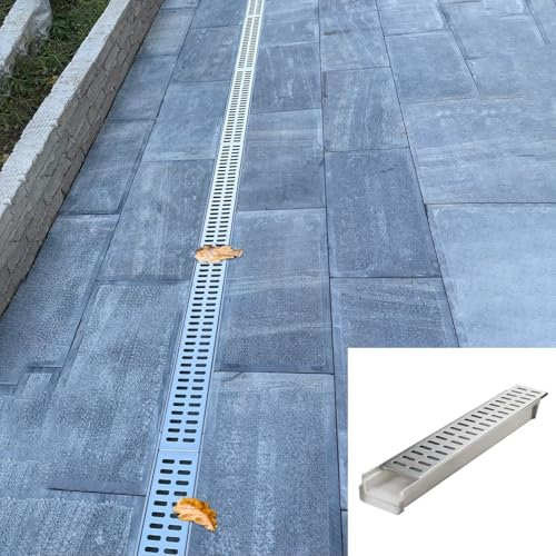 Canaleta Desague con Rejilla Canal de Drenaje Angosto para Patio, Drenaje de Zanja para Exteriores con Tubería de Resina y Rejilla de Acero Inoxidable, Filtro de Drenaje de Alcantarillado de Alta Resi