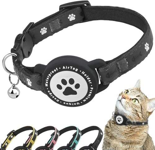 Airtag Katzenhalsband Breakaway, Reflektierendes Kätzchenhalsband mit Airtag-Halterung und Glocke, Bequeme Polsterung, Verstellbar, Langlebig, Passend für Katzen (Schwarz,S)
