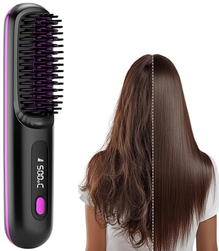 Go Brush Pro, Cordless Hair Straighteners Brush, Portable Wireless Hair Straightening Brush, USB Rechargeable Heated Hot Comb with 3 Temperature Settings, Mini Styling Comb for Travel,Black