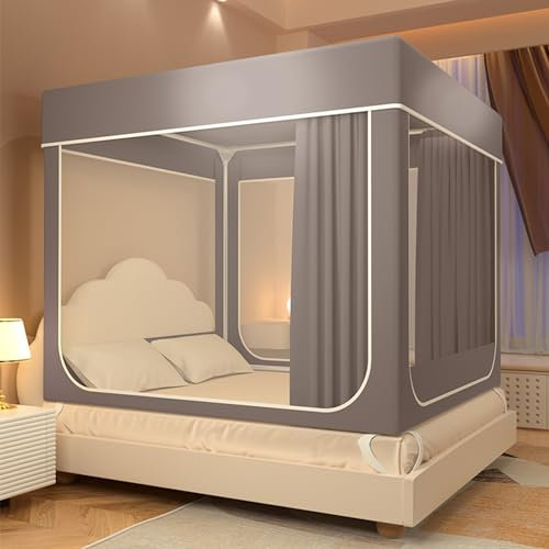 Dream Tents Betthimmel-Vorhänge, lichtblockierend, atmungsaktiv und vollständig geschlossen, U-förmiges Zelt für großen Raum, alle Jahreszeiten, einfarbig, verschlüsselter Garnstoff, leicht.