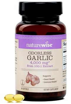NatureWise Odorless Garlic Supplement 4000mg - Ultra Potent 100:1 Extract - Healthy Cholesterol Formula, Heart Health Support - Non-GMO, Gluten Free, with Halal Gelatin - 60 Count[30-Day Supply]