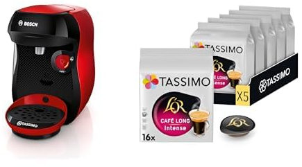 Bosch Machine à café Tassimo Happy rouge et Tassimo Café Long Intense 80 dosettes