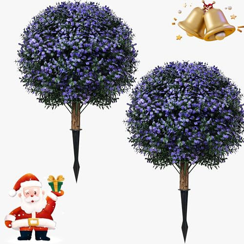THKFUL Fall Artificial Ball Boxwood Topiary Tree Outdoor Set of 2,Faux Bushes Plants with Spike,Autumn Boxwood Ball Fake Shrubs Plants UV Resistant for Front Door Planter Garden Room D17
