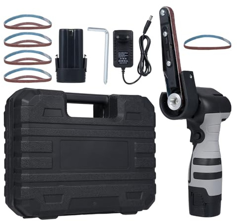 Cordless Belt Sander, Weytoll Electric Mini Angle Grinder Modified Belt Sander Tool, 2 Batteries with 6500RPM Variable Speed and 10 Sanding Belts for Rust Removal, Deburring and Polishing