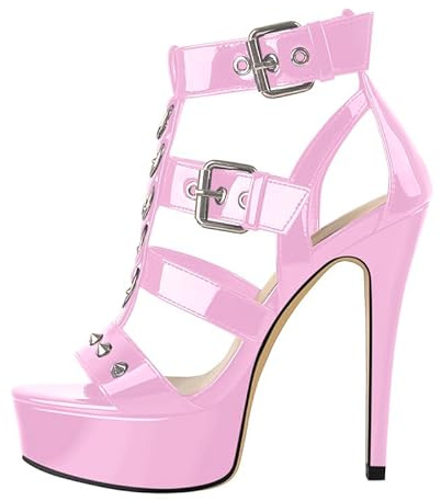 Only maker Sandalo da donna con tacco alto e plateau, con borchie effetto laccato, nero, Colore: rosa., 46 EU