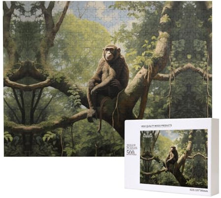 Poezjzw Monkey Sitting On A Tree Puzzles For Adult 500 Pieces Wooden Jigsaw For Family Friend Home Decor Wall Art 20.4 X 15 In