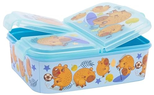 Sandwichera Múltiple Capibara para Niños | Fiambrera Infantil con 3 Compartimentos Libre de BPA | 1 Grande + 2 Pequeños | Plástico Resistente, 16,5×19,5×6,7 cm | Almuerzo Escolar Perfecto