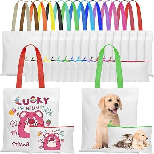 HFZCV 30 Stück Tragetaschen Canvas für Sublimation, 15 Canvas Einkaufstaschen und 15 Reißverschluss Beutel, DIY Heißtransfer Einkaufstaschen für Strand, Weihnachten, Reisen, Basteln und Geschenke