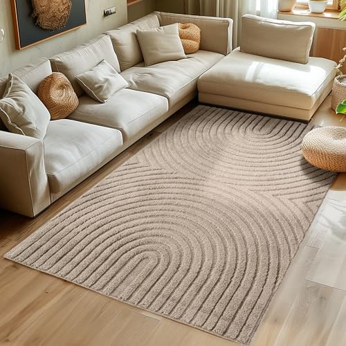 SIMPEX Tappeto da Soggiorno 160x230 cm Beige Pelo Alto Design Scandi Boho Effetto Alto-Basso Morbido Shaggy Pelo Lungo Soffice Robusto Facile da Pulire Moderno per Tavolino