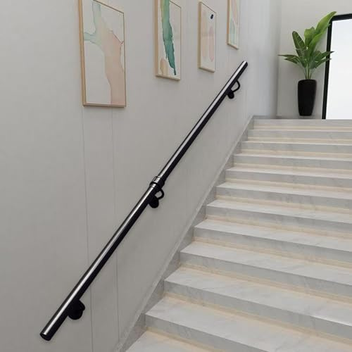 Corrimano per scale in tubo industriale | Corrimano per ringhiera moderna per scale interne e gradini esterni, montaggio a parete | Staffe in ferro battuto in metallo nero(200cm)