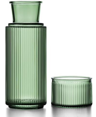 DmmyAlzx Bedside Water Carafe and Glass Set, Classic Vertical-Striped 27oz Glass Carafe with 7.1oz Tumbler Lid, Nightstand Water Pitcher, Bathroom Mouthwash Dispenser, Elegant Gift for Home, Green