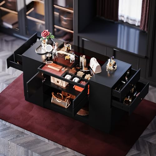 Homary 60 Zoll Insel Schmuckkommode mit Sinterstein & Glasplatte, 2 Schmuckfächern, 4 Schubladen, Türen & Regalen für begehbaren Kleiderschrank (Schwarz)