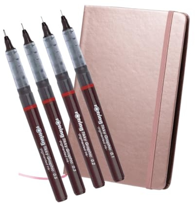 rOtring Tikky Grafik-Fineliner mit vier verschiedenen Stärken, schwarze Tinte, 4 Stück + metallisches Notizbuch, A5