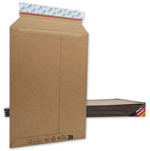 easydruck24de Versandtaschen B4 Wellpappe braun 10 Stk. - az309 | 25 x 35,2 cm, umlaufender Kantenschutz, variable Füllhöhe, selbstklebender Verschluss, geschützter Warenversand
