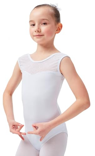 tanzmuster ® Ballettanzug Mädchen ärmellos - Cora - aus weichem Baumwollmaterial mit Spitzeneinsatz vorn Trikot Ballettbody fürs Kinder Ballett in weiß, Größe:104/110