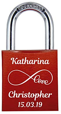 ELUNO Liebesschloss mit Deinem Namen, Datum und Love Unendlichkeitszeichen graviert! Farbe: Rot Motiv: M008