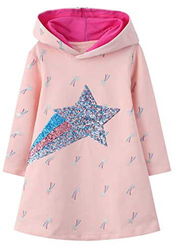 Huvtröjor för barn och flickor med huva klänning långärmad bomull vardaglig sweatshirts tunika tröja pullover jumper toppar ålder storlek 2 3 4 5 6 7 år gammal, Rosa stjärnor, 6-7 Years
