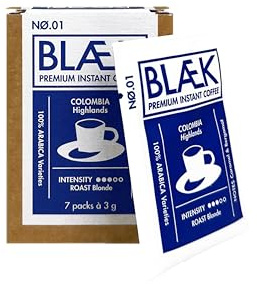 BLÆK Specialty Instant Kaffee Nø.1 Blonde Roast | Blaek Premium Coffee Kolumbien To Go Box löslich Sachet Sticks säurearm & mild Arabica Hochland Colombia | Hotel Camping Reise Büro Wandern