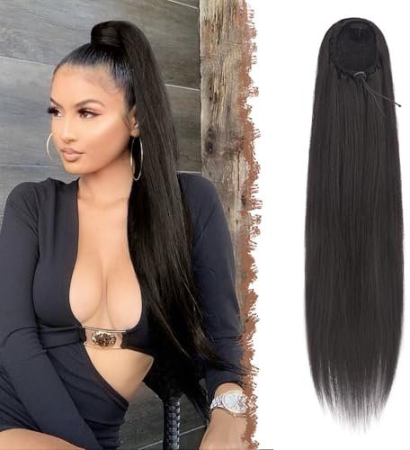 FESHFEN Pferdeschwanz Extensions mit Kordelzug Lang Gerade Zopf Kordelzug Pferdeschwanz Haarteil Glatt Haarverlängerungen Synthetik Drawstring Ponytail Extension für Damen 50 cm Schwarzes Braun